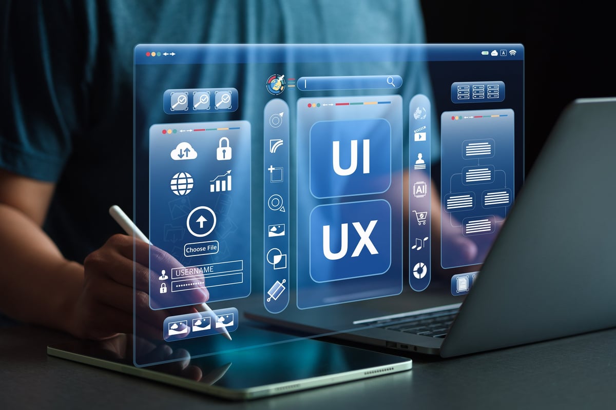 UI/UX Design and Development Concepts showing developers interact with virtual screens displaying code, icons, and data